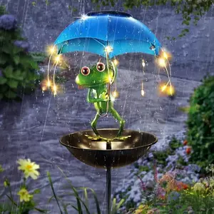 Solar powered LED frog umbrella light with bird feeder, outdoor garden decoration, weather resistant metal design, courtyard lawn path, perfect outdoor decoration products, Solar Garden Lights