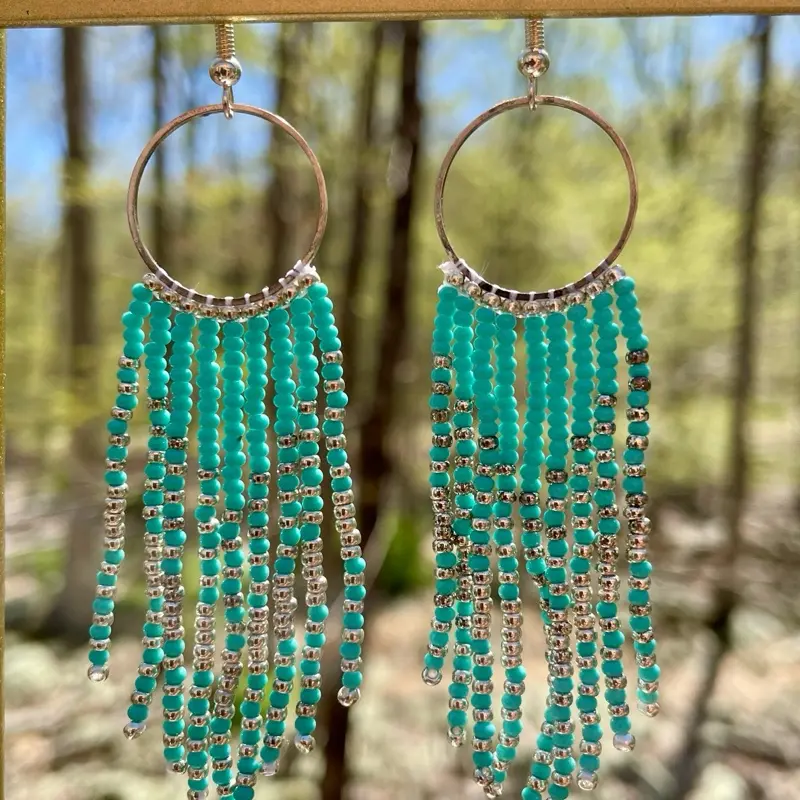 Turquoise Lavender and Orange Beaded Silver Hoop Fringe Earrings with Elegant Fringe Design