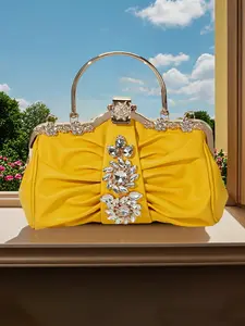 Summer Yellow Pleated PU Women's Evening Clutch Bag, Floral Rhinestone Handbag, fashionable bling bag, Shoulder Chain Convertible Crossbody Bag, Fashionable Purse Handbag, Perfect for Weddings, Parties, Dances, Holiday Gifts