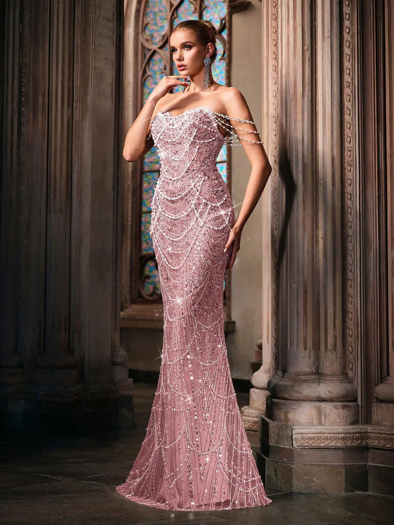 Luxury Beaded Mermaid Evening Gown | Strapless Pink Formal Dress for Wedding & Prom | Maxi Length Woven Fabric Hand Beading Sequin Splicing Womenswear Elegant Ruched Design Sleeveless