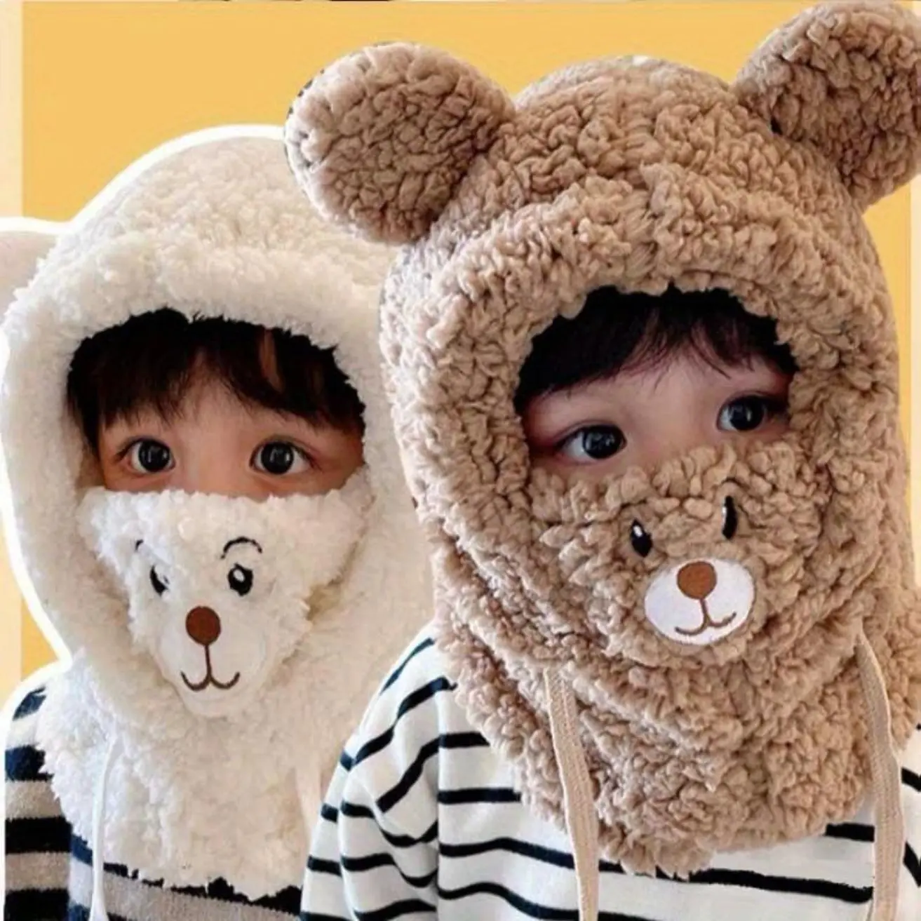 Kids Balaclava 3 in 1 Cute Bear Hat Scarf Mask Set for Toddlers Boys Girls Winter Fleece Beanie Neck Warmer Face Cover