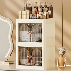 Large Capacity Apricot Cosmetic Storage Box Heavy Duty Plastic Freestanding Insertable Makeup Organizer with Multi Tier Shelves for Easy Access