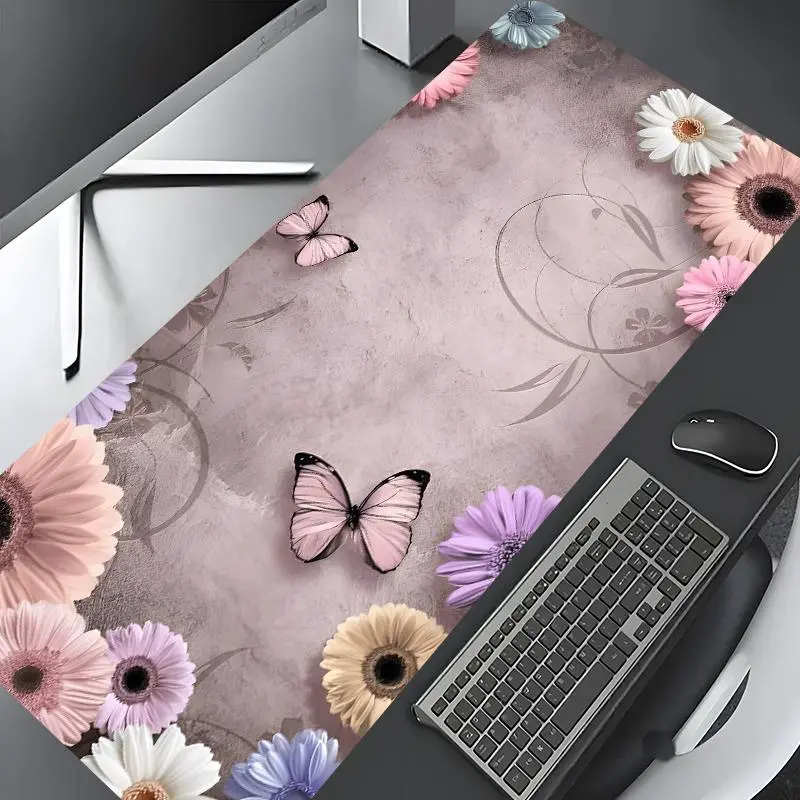 Flower & Butterfly Pattern Mouse Pad, Rectangle Gaming Mouse Pad, Non-slip Rubber Pad, Aesthetic Desktop Decoration Protective Pad for Home Office, Vibrant Design, Desktop Accessory, Desk Accessories, Work Accessories, Computer Desk Accessories