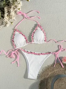 Women's Floral Embroidery Bikini Set, Swimsuit Style Bikini, Boho Fashion Tie Back Halter Triangle Swim Bra & Tie Side Swim Bottom, Ladies Summer Swimwear for Beach Holiday Vacation
