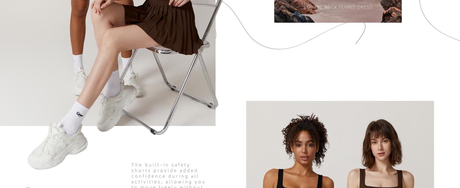 QINSEN Womens Square Neck Tennis Dress Pleated Sleeveless Built in Shorts Golf Athletic Dress with Pockets