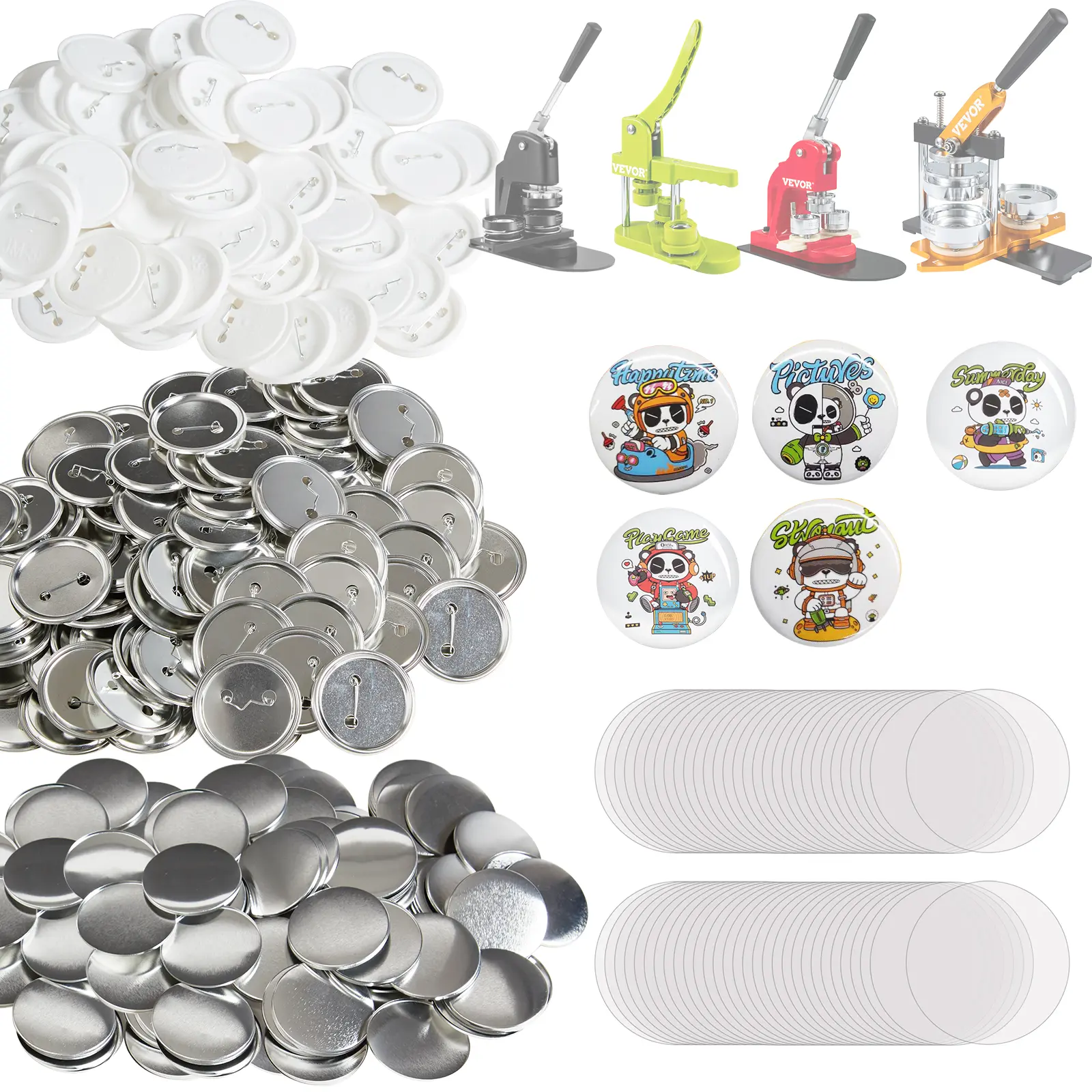 VEVOR 500 Sets 2.25 inch 58mm Pin Back Button Parts for Button Maker Machine,  DIY Round Button Badge Parts, Set Includes Metal Top, Plastic/Metal Button, Clear Film, and Blank Paper For Gifts Presents