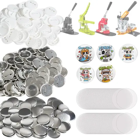VEVOR 500 Sets 2.25in/58mm Pin Back Parts for Button Maker Machine, DIY Round Badge Crafts, Includes Metal Top, Plastic/Metal Fastener, Transparent Film & Blank Paper for Gifting