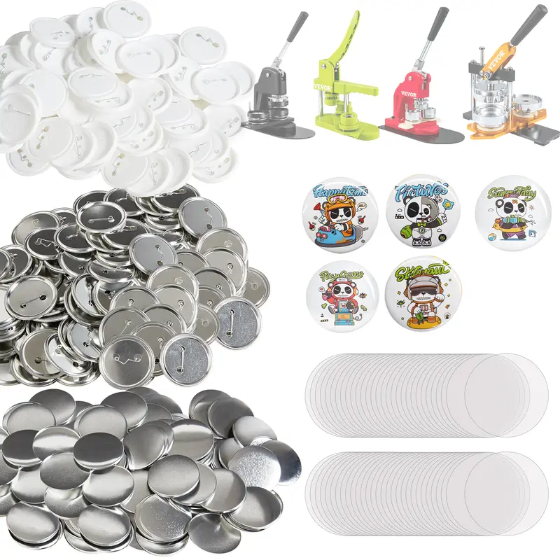 VEVOR 500 Sets 2.25in/58mm Pin Back Parts for Button Maker Machine, DIY Round Badge Crafts, Includes Metal Top, Plastic/Metal Fastener, Transparent Film & Blank Paper for Gifting