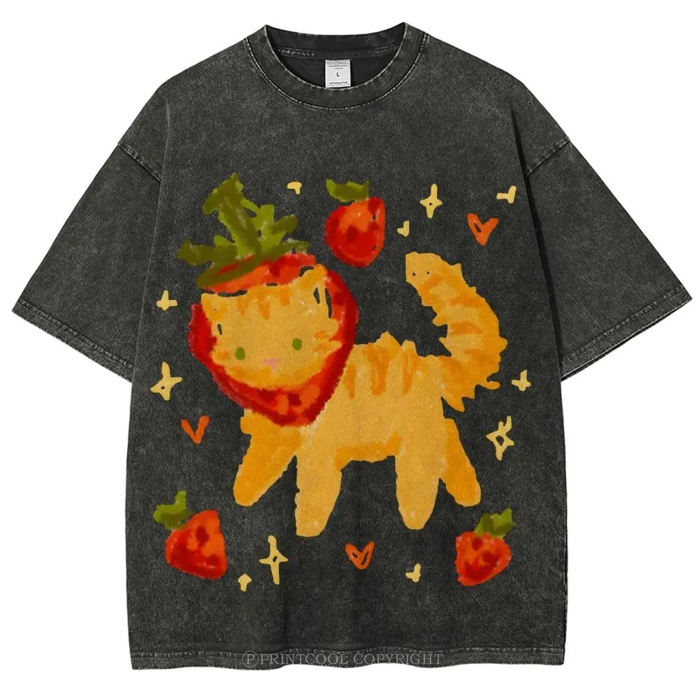 Strawberry Cat Unisex Washed Tee, Unisex Tee, Colorful Tee - Oversized Shirt - Natural & Animal Planet Unisex Streetwear