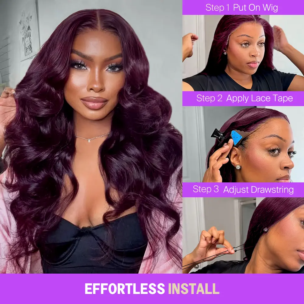 [NEW] Megalook Dark Purple Plum Color 13x6 Glueless Lace Frontal Wigs Pre Plucked Body Wave Wigs With Drawstring Band