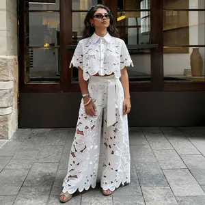 Women's 2026 New Retro Lace Outfit Set Short Sleeved Blouse Tops & Tie-up Pants Two-Piece Embroidery Hollow Temperament Suit for Casual & Special Occasions Fashion Womenswear