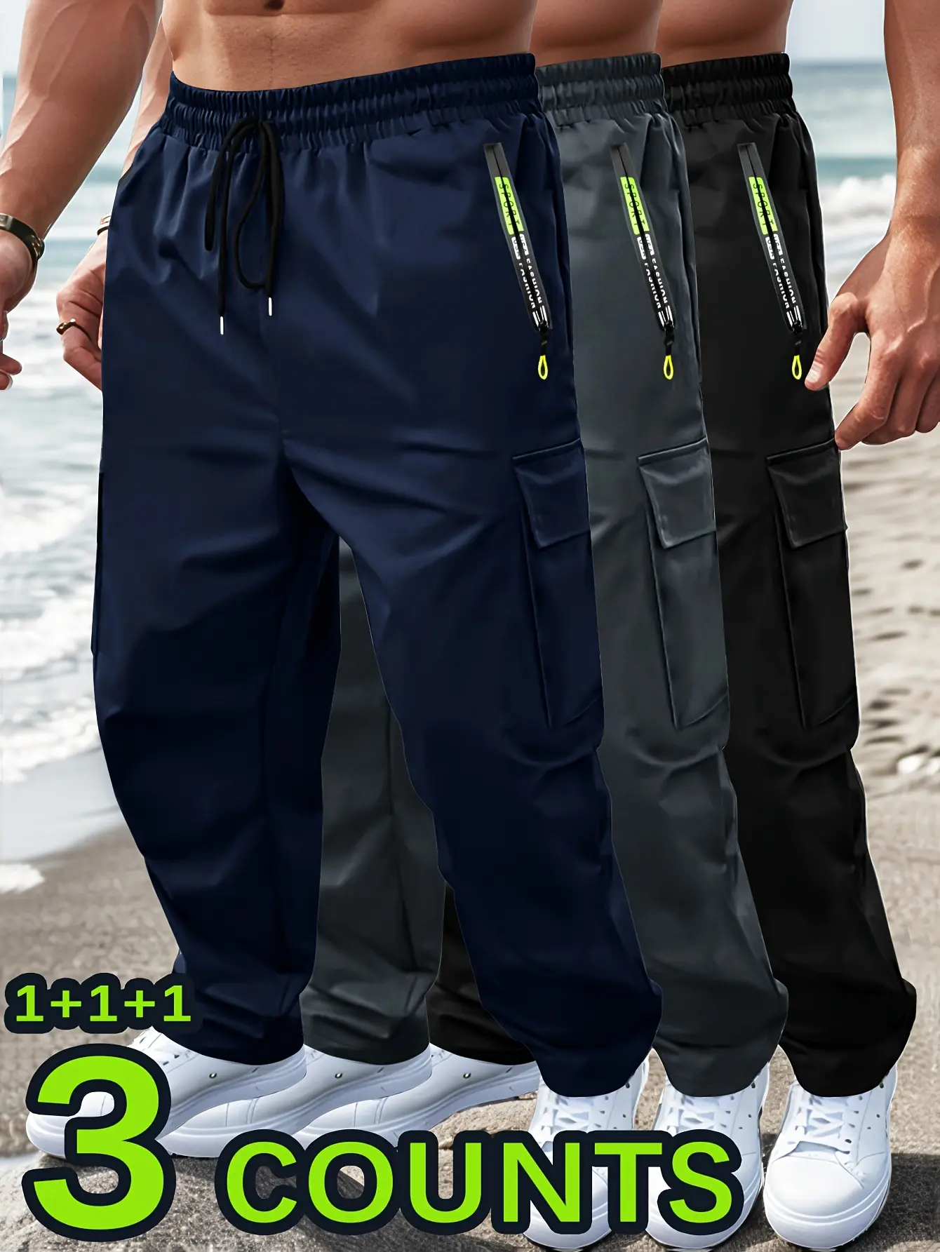 Men’s 3-pack tactical cargo pants for sports and outdoor activities, featuring zippered large pockets; casual trousers suitable for spring, summer, autumn, comfortable and breathable, ideal for everyday wear and athletic occasions. Wide Loose Sweatpants,