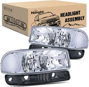 Nilight Headlight Assembly Compatible for 1999 2000 2001 2002 2003 2004 2005 2006 GMC Sierra Yukon, Smoke Bumper Light Chrome Housing Clear Corner Clear Lens, Headlights Assembly Replacement
