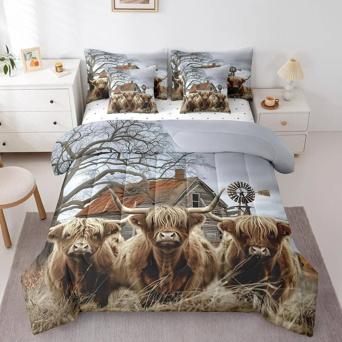 7Pcs Highland Cow Comforter Sets,Rustic Farmhouse Decor Bed-in-a-Bag(1 Comforter,1 Flat Sheet,1 Fitted Sheet,2 Pillowcases,2 Throw Pillow Covers), Bed Sheets Set, Bedroom Bedding Set