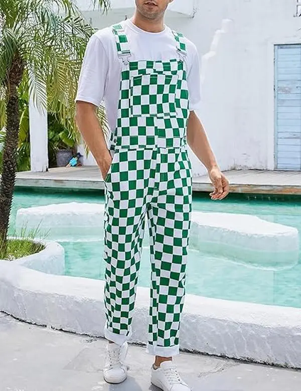 Men's Stretch Denim Overalls, St. Patrick's Day Coveralls, Green Checkered Bibs Workwear, Stylish Menswear with Zipper Closure Grandpa