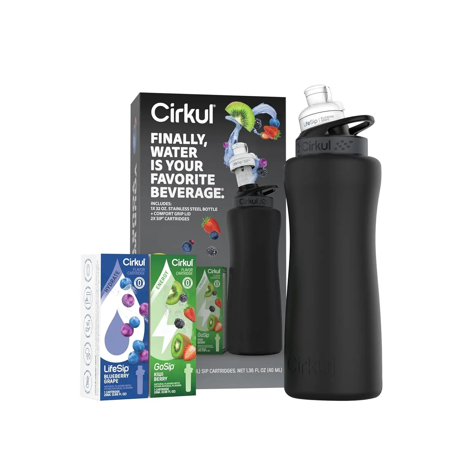 32oz. Matte Black Stainless Steel Water Bottle Starter Kit with Black Lid and 2 Flavor Cartridges (1 LifeSip Blueberry Grape, 1 GoSip Kiwi Berry) Zero Calories and No Sugar