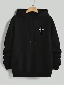 Men's Casual Hooded Sweatshirt with Unique Cross Print, Drawstring Pocket Long Sleeve Pullover, Fall & Winter Streetwear