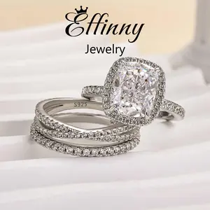 Effinny Jewelry Cushion Cut 4.0ct 3PC Wedding Ring Set, S925 Sterling Silver, 5A Cubic Zirconia Sparkle Bride Ring for Women Outdoorfun