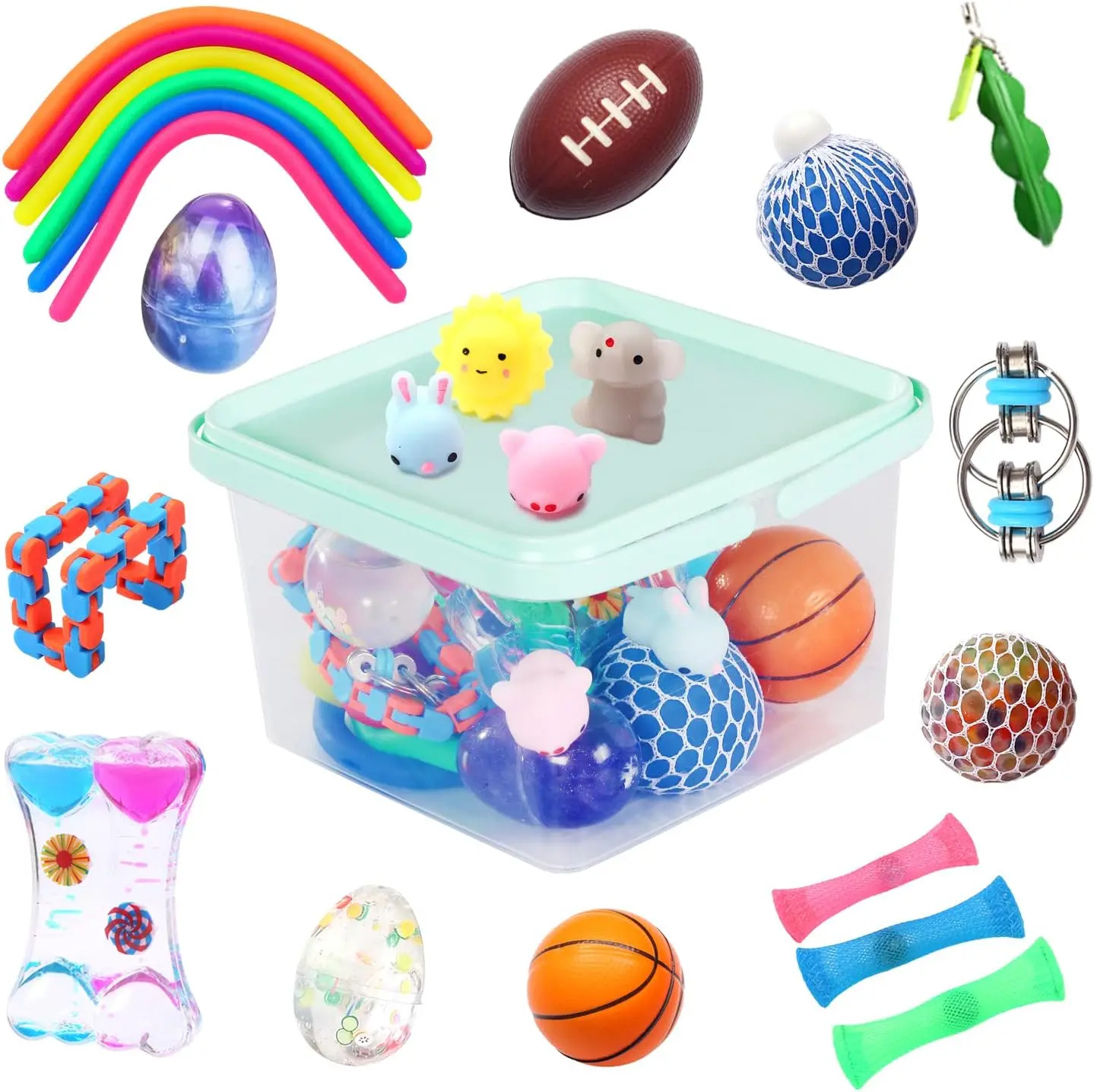 24 Pack Bundle Sensory Fidget Toys Set-Liquid Motion Timer/Grape Ball/Mochi Squishy/Stretchy String/Flippy Chain/Easter Egg/Marble Mesh/Squeeze Bean/Cube for Autistic Kids ADHD Anti-stress Toy