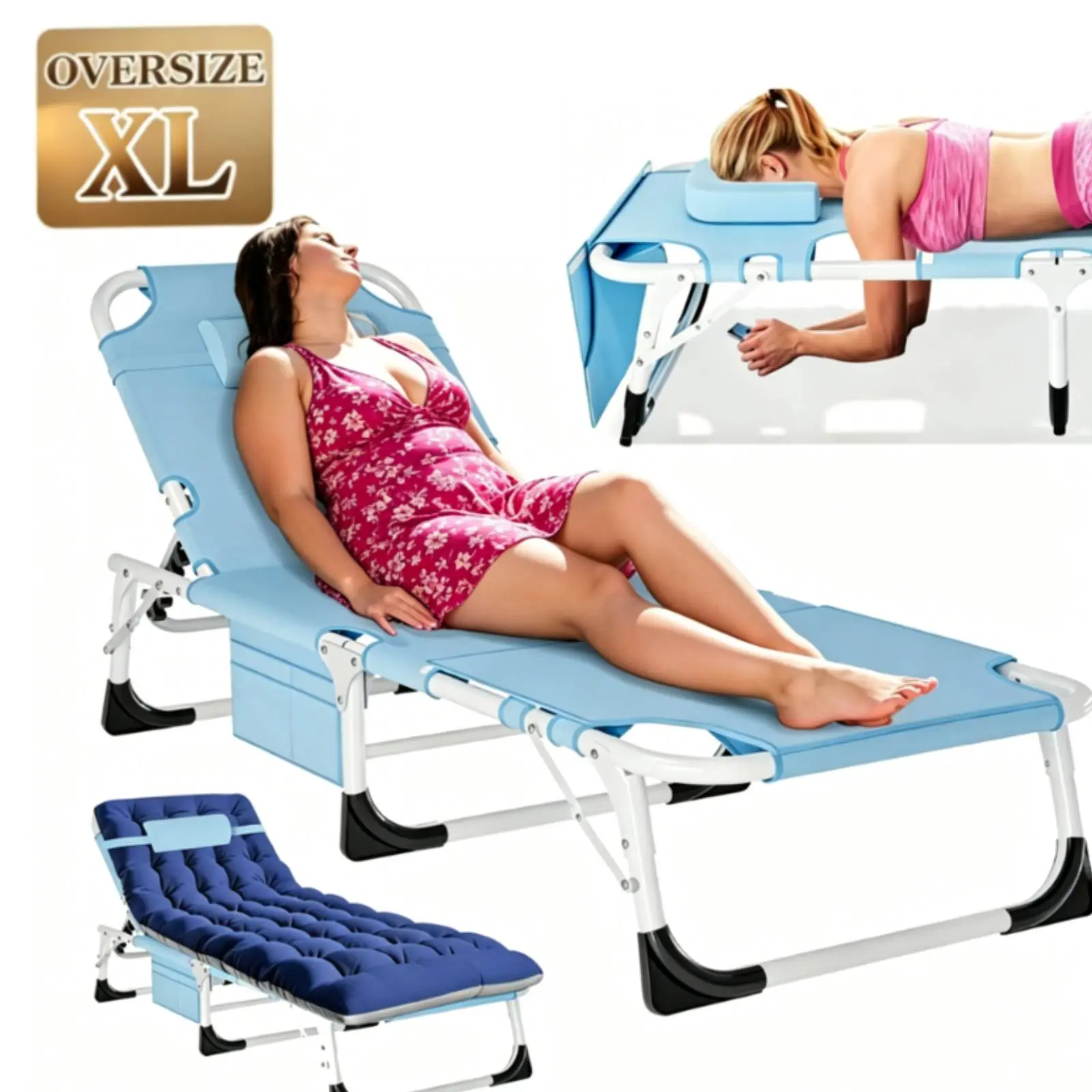 DoCred Heavy Duty Tanning Chair, 5-Position Adjustable 3N1 Portable Folding Beach Chair, Lounge Chair for Summer Poolside, Outdoor, Sunbathing, Lawn, Patio, Deck, Summerfin