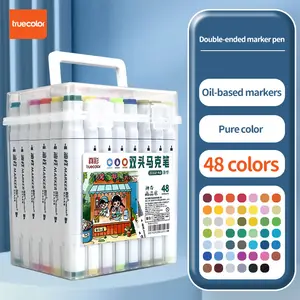 Truecolor 48-Color Dual-Tip Markers, Square Barrel Professional Artist Supplies Set with Portable Carry Bucket, Markers for Coloring for Art Projects