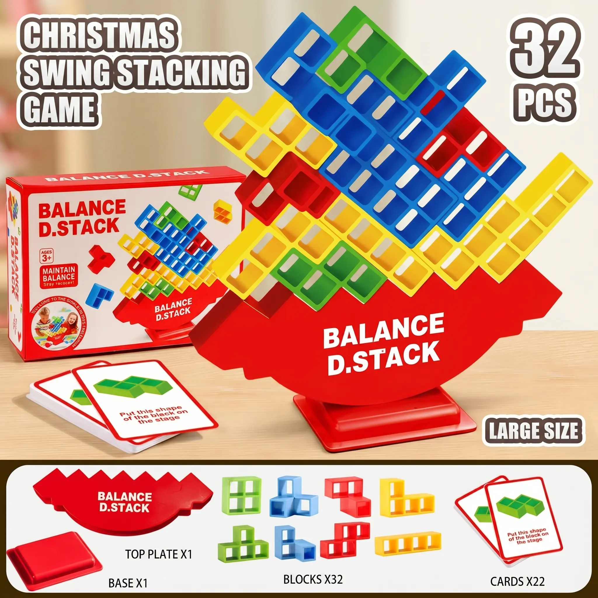 Exciting Tower Game For Kids & Adults Family Game Night, Great Building Toys Kids Games, Includes 22 Cards, 32 Blocks, 1 Tower Body, 1 Tower Stand