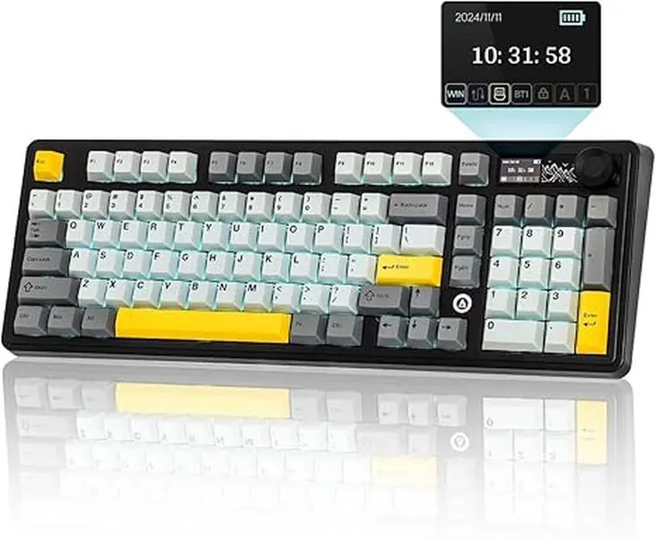 AJAZZ AK980 V2 Mechanical Gaming Keyboard, 98% Full Size Gaming Keyboard with Display Screen, 10000mAh Long Battery Life, BT/USB-C/2.4GHz Wireless, Hot Swappable Linear Switch, Knob, RGB Lights, for Win/Mac