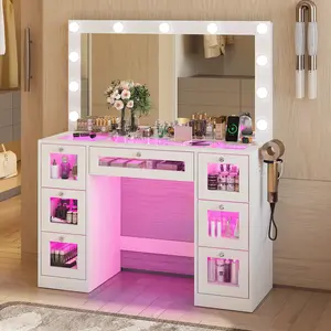 LED Vanity Desk with Mirror, Makeup Table with Power Outlet and 11 Lights, Vanity Table with 7 RGB Drawers and for Bedroom, Dressing Room, White