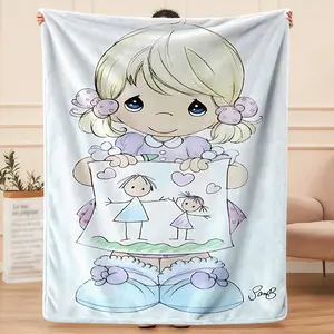 This Precious Moments blue plush blanket, exclusive gift for home, office, camping travel, personalized pattern design, modern style, soft texture, Machine Washable Blanket