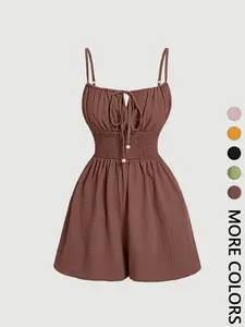 Women's Casual Solid Fitted Sleeveless Romper with Adjustable Front Tie and Elastic Waist, Stylish All-In-One Jumpsuit for Summer, Trendy Fashion for Ladies