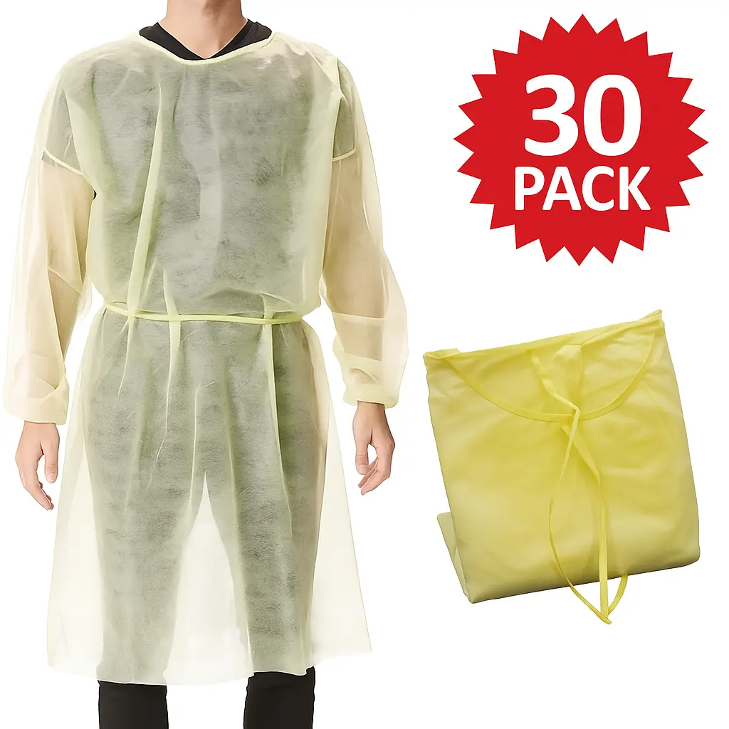 Disposable Polypropylene Gown Yellow 30-Pack Lightweight Breathable Waterproof for Cleaning Beauty Use Unisex Adjustable Tie Neck Everyday Wear