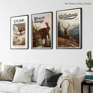 Rural Style Canvas Print Wall Art, 3-Piece Highland Hunting Scene, River & Mountain Design, Perfect for Living Room Bedroom Decor