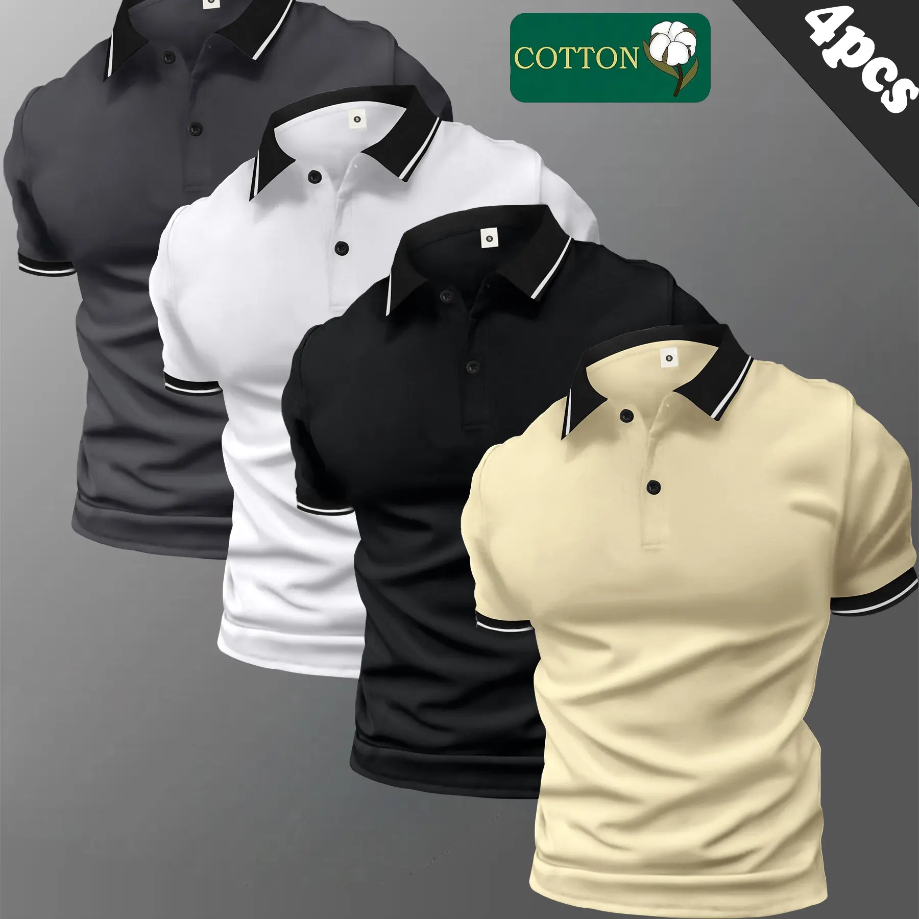 Men’s four-piece cotton polo shirt set with a buttoned collar and slightly stretchy fabric; suitable for summer office wear (short sleeves). A perfect summer gift for a husband or boyfriend.