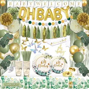 217 Pcs Sage Green Baby Shower Decorations, Neutral Baby Shower Decor Supplies- Disposable Dinnerware Set With Eucalyptus Leaf (25 Guest), "Oh Baby" Banner, Balloon, Sash, Cake Topper
