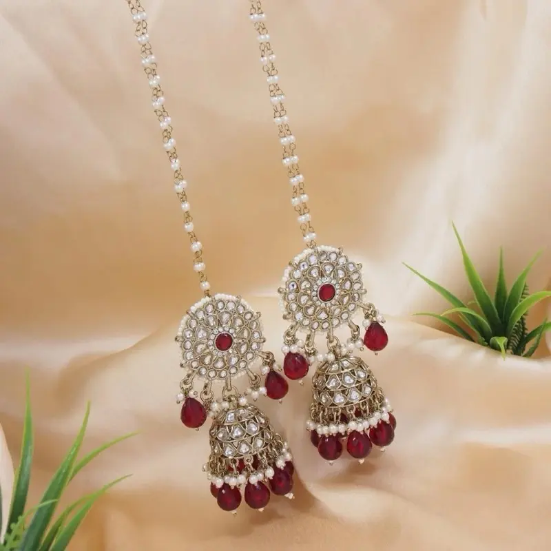 Sahare Kundan Earrings with Gold-Tone Design and Decorative Elements