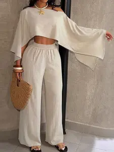 Women's Fashionable Asymmetrical Neckline Top & Elastic Waist Pocket Pants Set, Elegant Casual for Beach Vacation