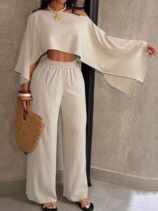 women's solid fashionable asymmetrical neckline top & elastic waist pocket pants set, elegant casual for beach vacation