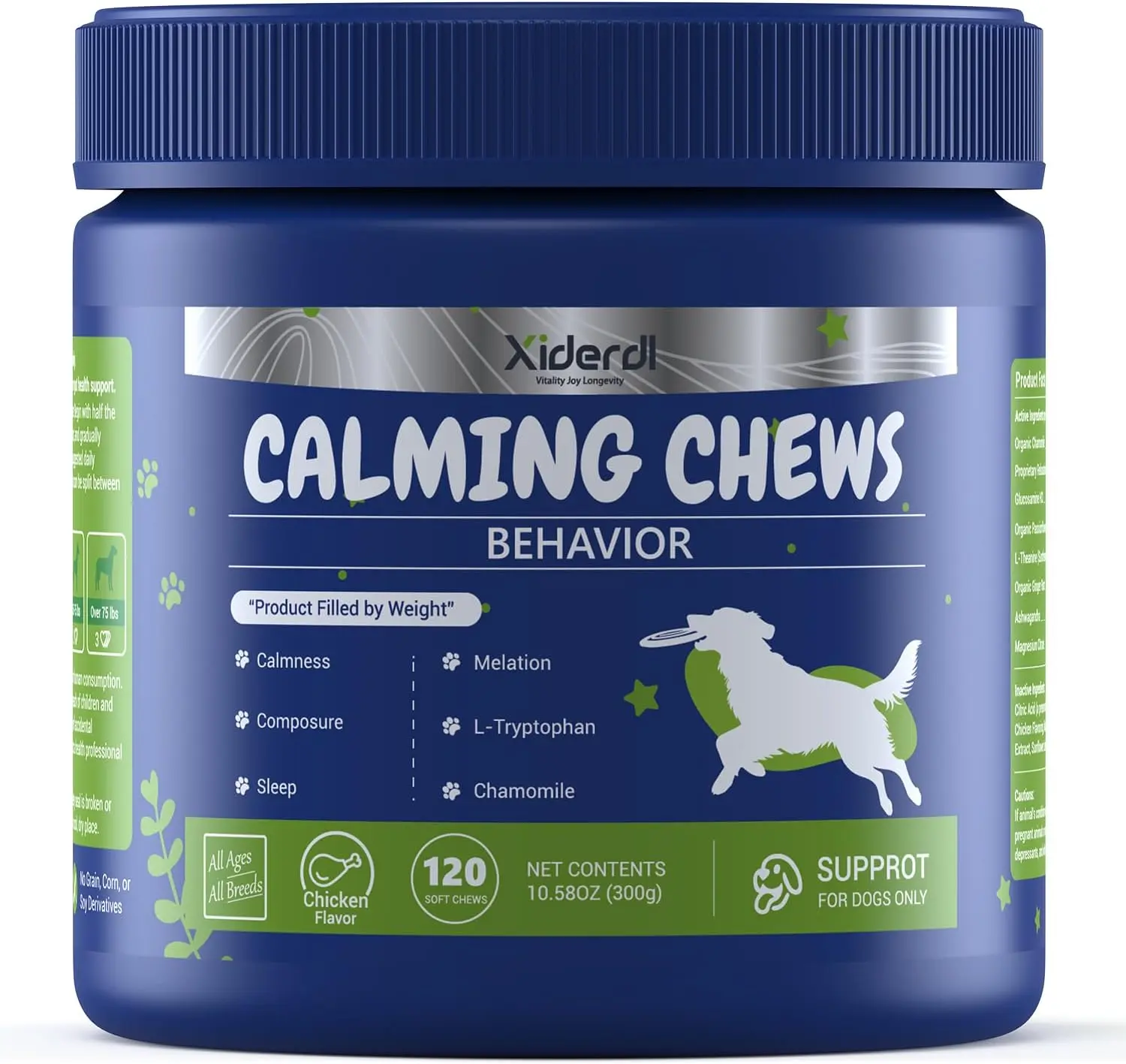 Canine Nutritional Supplement Calming Chewables - Petlovers Chicken Flavor, 120 Count Dog Travel Calm Aid with Chamomile, Valerian Root, L-Theanine, Passionflower, Ashwagandha, Glucosamine, Magnesium Citrate, Organic Ginger to Encourage Restfulness