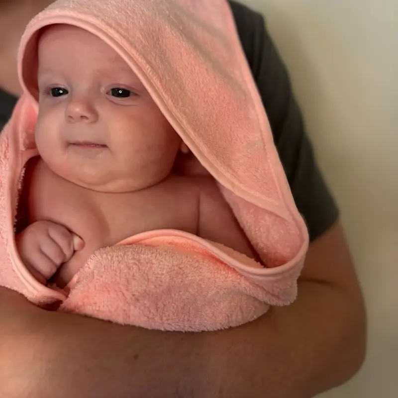 Cozimara Baby Hooded Bath Towel - Ultra Soft Plush Cotton-Polyester Blend, 34x34 in, Absorbent, Machine Washable for Warm Comfort.