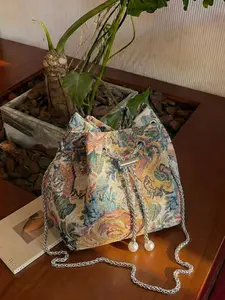 New Zebra Print Floral Bucket Bag for Women, Unique Design Crossbody Bag with Chain and Pearl Decor, Adjustable Strap, Lightweight and Foldable