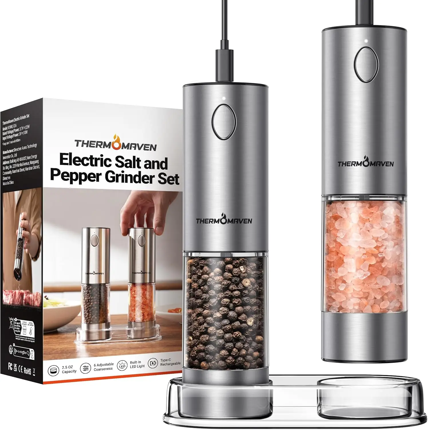 [Large Capacity and LED Light] Electric Salt and Pepper Grinder Set, 3.2oz Larger Rechargeable Automatic with 6 Adjustable Coarseness, LED Light, Grou
