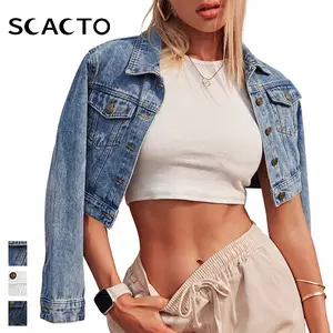 Scacto Summer Cropped Denim Jacket Women's Button Down Long Sleeve  Jacket with Pockets Fashionable Collared Neckline Spring Summer Casual Outerwear Womenswear Coats