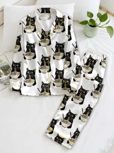 Women's Noodle Cat Short Sleeve Satin Pajama Set, Sleepwear, Cute Funny Noodle Cat Print PJs, Kawaii Summer Lounge Set for Her