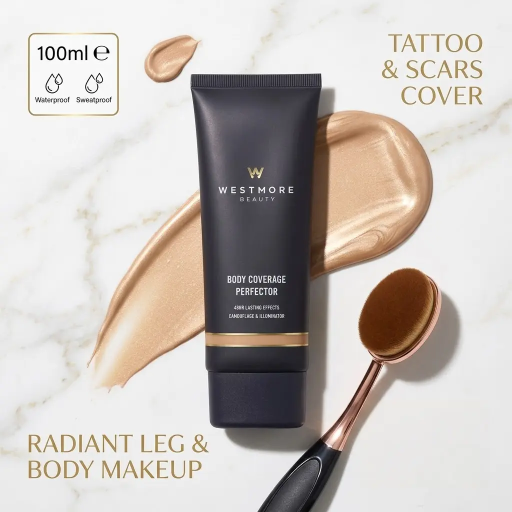 Westmore Beauty Body Coverage Perfector - Waterproof, Sweatproof Leg Makeup, Concealer, Tattoo Cover-Up, 100ml Flawless Lightweight Formula, Blend Brush Sold Separately, Cosmetic Highlighter
