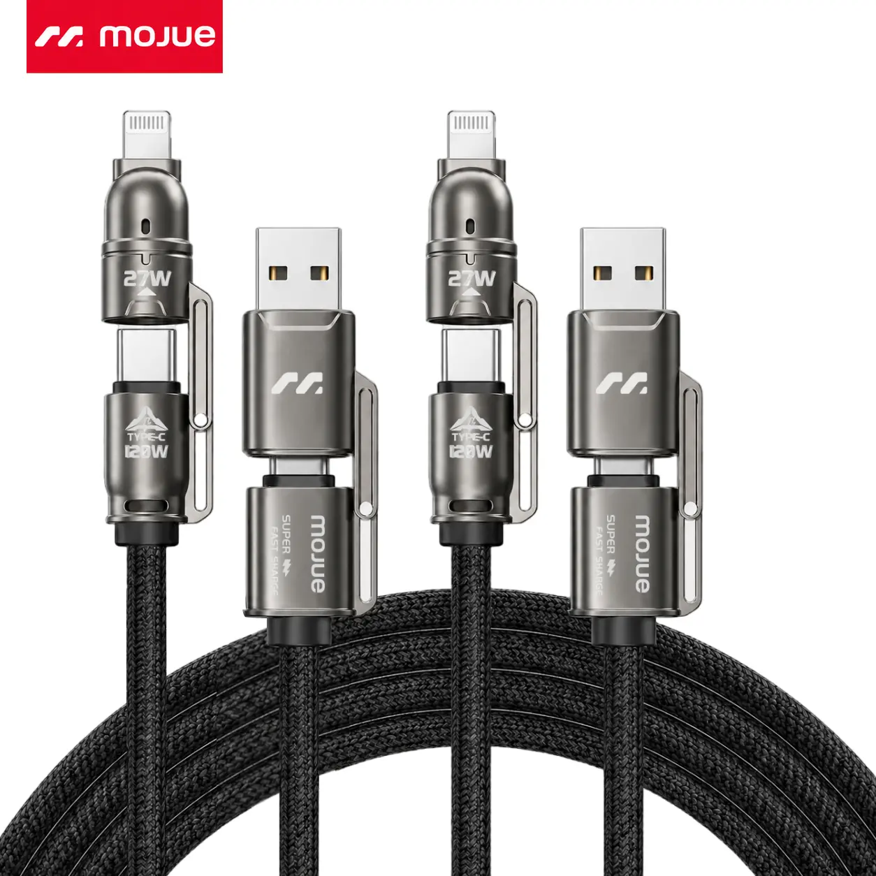 2-Pack MOJUE 120W 5FT 4-in-1 Braided Fast Charging Cable – Type-C/Lightning & USB-A/USB-C Compatible Charger Cord for iPhone 17/16/15/14/13/12, iPad, AirPods, Samsung S25 & More Devices (Gray)
