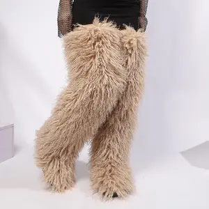 Fluffy Shaggy Faux Fur Thigh High Boots for Women - Curly Mongolian Style Over the Knee Party Boots