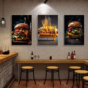 3PCs delicious food canvas art set-hotdog & hamburger wall decor for living room, bedroom, office, cafe, bar, dorm-unframed, waterproof prints