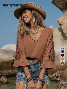 Plus-size casual lace V-neck shirt for womenboho easter beach outfits hawaii Coachella Music Festival Tropical vacation