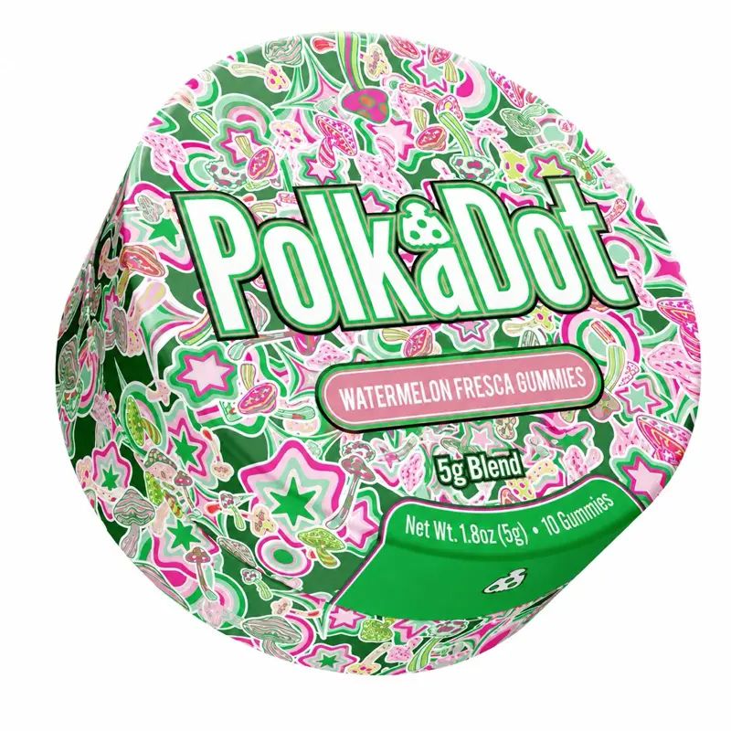 Polkadot Watermelon Fresca Fruit Gummies, 10 Count, High Potency Plant-Based Mushroom Gummies, Soft Chewy Gummies, 100% Organic Ingredients, High-Quality Formula, Freshness-Sealed, Secure Reusable Metal Tin, Travel-Friendly Packaging, Proudly Made in USA