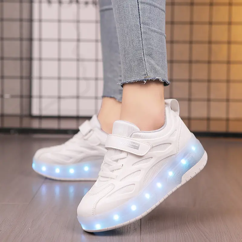 Retractable dual-wheel Heelys skate shoes with LED lights | USB rechargeable roller sneakers for Kids & adults, magnetic wheels & anti-slip design Skater High Top White Fashion shoes girls